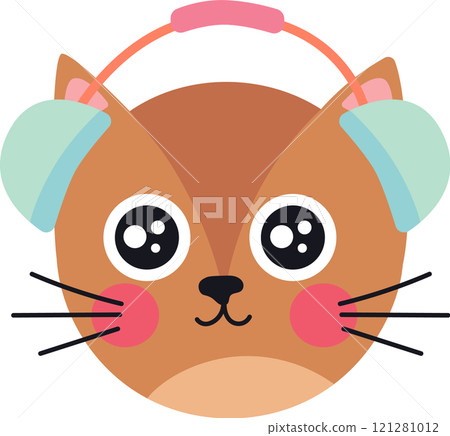 Adorable brown cat wearing winter earmuffs, looking forward with large, expressive eyes and pink cheeks, a charming and heartwarming illustration 121281012