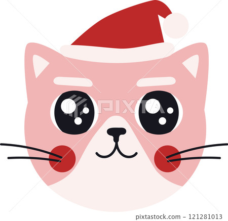 Adorable pink cat wearing a santa claus hat, celebrating christmas holiday season with big eyes and a cute smile, perfect for festive designs and winter projects Adorable pink cat wearing a santa claus hat, celebrating christmas holiday season with big eyes and a cute smile, perfect for festive designs and winter projects 121281013