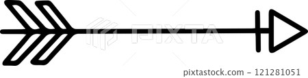 Minimalist vector graphic of a straight black arrow pointing to the right, featuring a triple lined tail design, conveying direction, progress, and forward movement 121281051