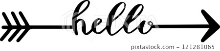 Hand drawn lettering spelling hello accompanied by a right pointing arrow, set against a clean white background in a stylish modern calligraphy design Hand drawn lettering spelling hello accompanied by a right pointing arrow, set against a clean white background in a stylish modern calligraphy design 121281065