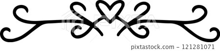 Horizontal black and white divider with heart and calligraphic swirls creating a vintage decorative element for wedding invitations or romantic designs Horizontal black and white divider with heart and calligraphic swirls creating a vintage decorative element for wedding invitations or romantic designs 121281071