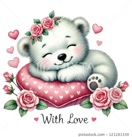 Adorable bear illustration with flowers and hearts, spreading love. Valentine's day cartoon character. 121281330