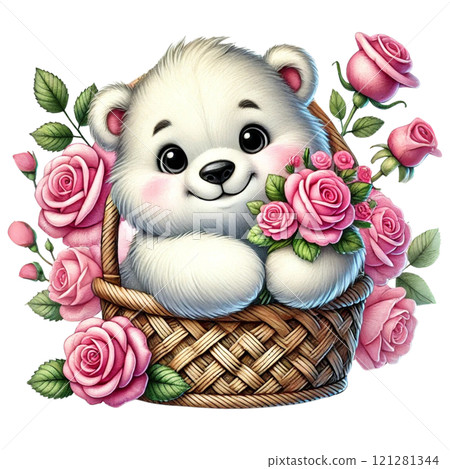 Cute bear in a basket with roses, perfect for children's decor. Valentine's day cartoon character. 121281344