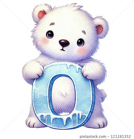 Cute polar bear character holding a frosty number zero. Valentine's day cartoon character. 121281352
