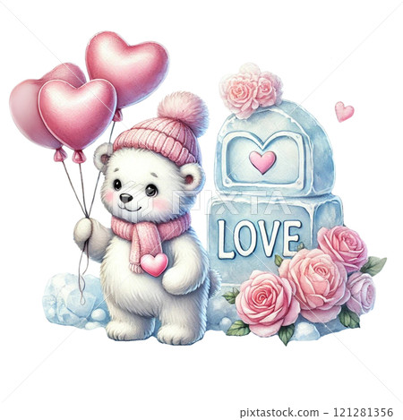 Cute polar bear holding heart balloons near a love sculpture. Valentine's day cartoon character. Cute polar bear holding heart balloons near a love sculpture. Valentine's day cartoon character. 121281356