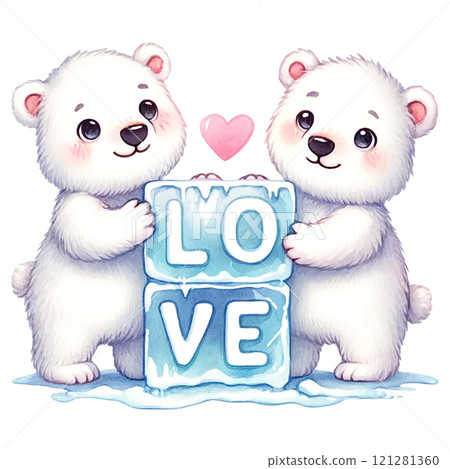 Cute polar bears with blocks of ice spelling love. Valentine's day cartoon character. Cute polar bears with blocks of ice spelling love. Valentine's day cartoon character. 121281360