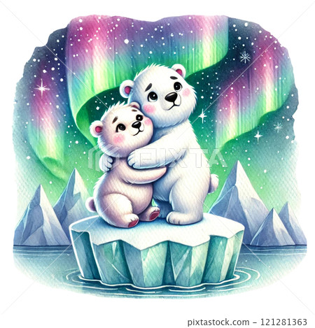 Two cute polar bears embracing under the northern lights. Valentine's day cartoon character. 121281363