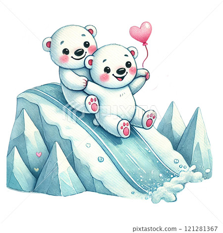 Two playful polar bear cubs sliding down a snowy mountain. Valentine's day cartoon character. 121281367