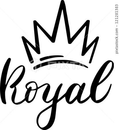 Featuring simple and elegant line art of a royal crown positioned above the handwritten word royal, symbolizing monarchy, nobility, and the essence of power Featuring simple and elegant line art of a royal crown positioned above the handwritten word royal, symbolizing monarchy, nobility, and the essence of power 121281383