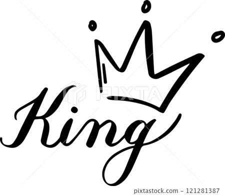 Stylish black and white vector graphic featuring the word king with elegant calligraphy and a simple crown, conveying royalty, power, and leadership 121281387