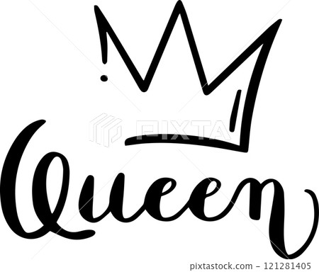 Stylish black and white lettering showcasing the word Queen adorned with a simple crown, representing confidence, royalty, and the essence of female empowerment and strength Stylish black and white lettering showcasing the word Queen adorned with a simple crown, representing confidence, royalty, and the essence of female empowerment and strength 121281405