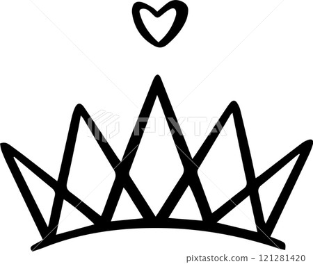 Simple, hand drawn black line art illustration of a crown with a heart floating above, representing love, royalty, and affection, perfect for Valentine s Day or any romantic occasion Simple, hand drawn black line art illustration of a crown with a heart floating above, representing love, royalty, and affection, perfect for Valentine s Day or any romantic occasion 121281420