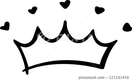 Hand drawn crown featuring hearts, symbolizing love and royalty, evokes affection and charm. Its whimsical design captures the essence of elegance and playful fantasy 121281458