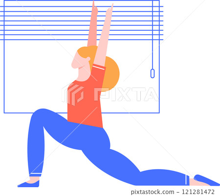Young woman doing yoga exercise at home stretching body in warrior pose with arms raised up near window blinds, healthy lifestyle and wellness concept Young woman doing yoga exercise at home stretching body in warrior pose with arms raised up near window blinds, healthy lifestyle and wellness concept 121281472