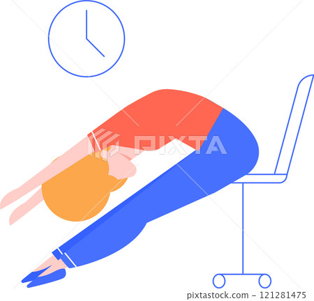 Office worker stretching using her chair, relaxing muscles while keeping an eye on the clock and working on a laptop, promoting wellness and productivity during the workday 121281475