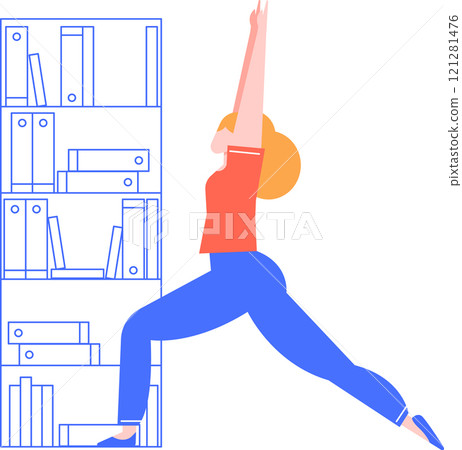 Young woman practicing yoga in warrior pose in her office or home office, stretching her body and arms up, next to a bookshelf full of ring binders and books Young woman practicing yoga in warrior pose in her office or home office, stretching her body and arms up, next to a bookshelf full of ring binders and books 121281476