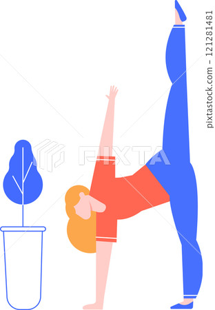 Blond woman practicing a yoga position with one leg raised and hands and feet on the floor, with a plant in a pot on the left, promoting health, wellness, and a balanced lifestyle Blond woman practicing a yoga position with one leg raised and hands and feet on the floor, with a plant in a pot on the left, promoting health, wellness, and a balanced lifestyle 121281481