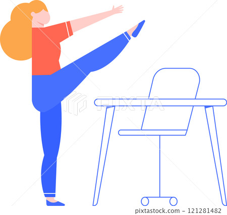 Office worker engaging in leg stretches beside desk and chair, enhancing workplace wellness and encouraging physical activity during breaks for improved health and productivity Office worker engaging in leg stretches beside desk and chair, enhancing workplace wellness and encouraging physical activity during breaks for improved health and productivity 121281482