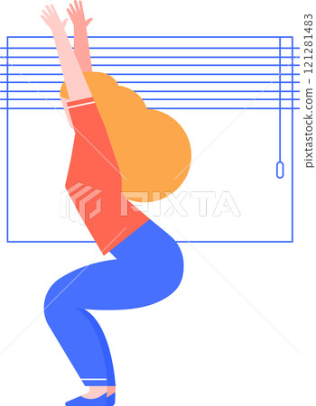 Young woman practicing yoga chair pose utkatasana in front of window blinds, promoting health, wellness, and mindfulness through physical activity Young woman practicing yoga chair pose utkatasana in front of window blinds, promoting health, wellness, and mindfulness through physical activity 121281483