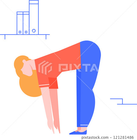 Young blonde woman in casual clothes bending down and touching floor with her hands, doing stretching exercise at workplace, promoting health and wellness in office environment Young blonde woman in casual clothes bending down and touching floor with her hands, doing stretching exercise at workplace, promoting health and wellness in office environment 121281486