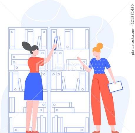 Two young office workers collaborating while searching through files and documents in the company archive, efficiently organizing paperwork and managing important information 121281489