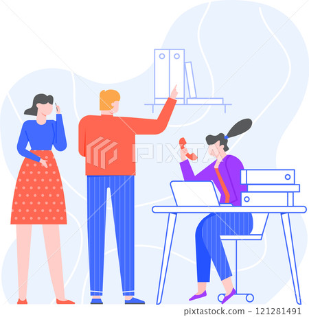 Office workers cooperating, manager giving instructions to secretary and another employee making a phone call, business team working together Office workers cooperating, manager giving instructions to secretary and another employee making a phone call, business team working together 121281491