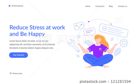 Young woman practicing yoga and meditation at workplace managing tasks, emails, messages, and different activities to reduce stress and be happy 121281504