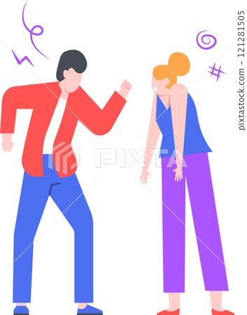 Furious man raising fist and shouting at sad woman during an argument, couple fighting and quarreling, disagreement and conflict in relationship, domestic violence and abuse concept 121281505