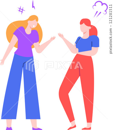 Two female colleagues having a heated discussion, gesturing with hands and expressing their disagreement, one of them is getting angry, conflict and confrontation concept 121281511