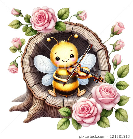 A cheerful bee playing violin among beautiful roses. Valentine cartoon character. A cheerful bee playing violin among beautiful roses. Valentine cartoon character. 121281513