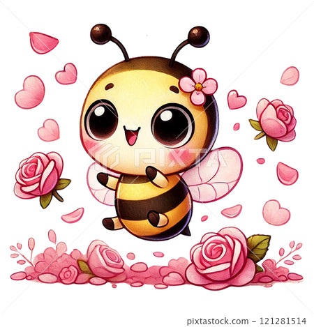 A cheerful bee surrounded by pink roses, evoking joy and nature. Valentine cartoon character. A cheerful bee surrounded by pink roses, evoking joy and nature. Valentine cartoon character. 121281514
