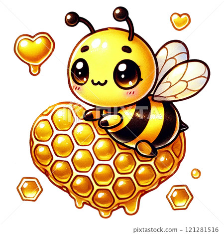 A cute bee happily resting on a honeycomb heart. Valentine cartoon character. 121281516
