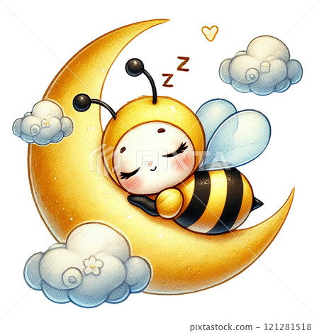 A cute, sleepy bee resting on a crescent moon among clouds. Valentine cartoon character. 121281518