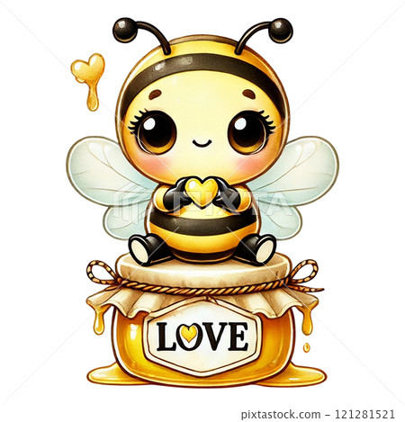 Cute bee character holding a heart, symbolizing love and sweetness. Valentine cartoon character. Cute bee character holding a heart, symbolizing love and sweetness. Valentine cartoon character. 121281521