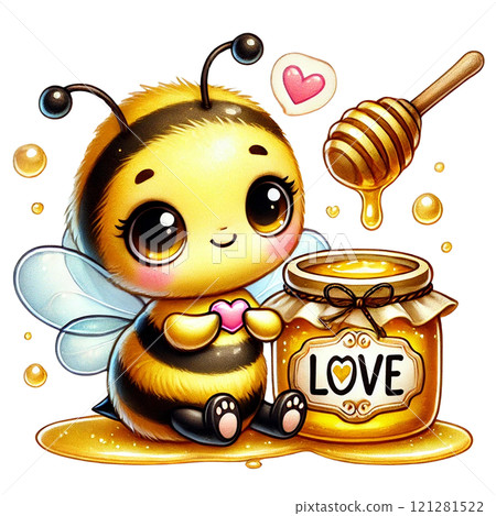 Cute bee character with honey jar and love symbolism in illustration. Valentine cartoon character. Cute bee character with honey jar and love symbolism in illustration. Valentine cartoon character. 121281522