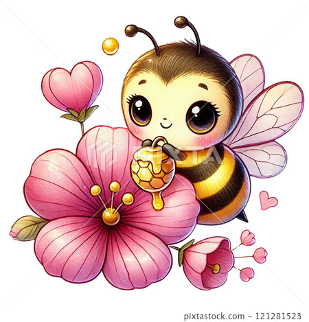 Cute bee collecting nectar from beautiful pink flowers. Valentine cartoon character. Cute bee collecting nectar from beautiful pink flowers. Valentine cartoon character. 121281523