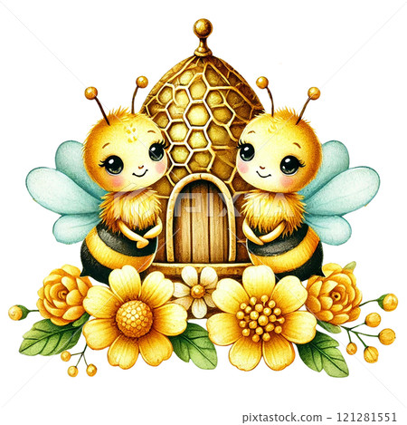 Cute cartoon bees with flowers and a beehive illustration. Valentine cartoon character. 121281551