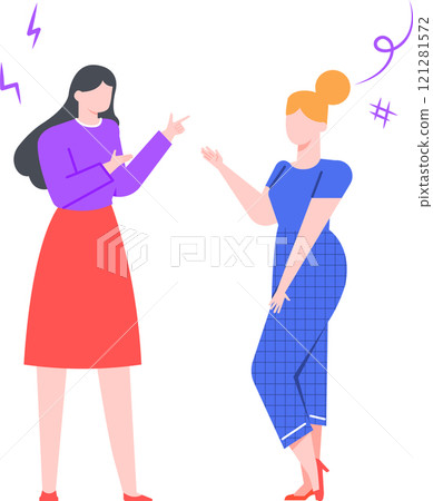 Two women are having a disagreement, gesturing with their hands and displaying frustration through symbols like lightning bolts and a hashtag, representing conflict and tension in communication Two women are having a disagreement, gesturing with their hands and displaying frustration through symbols like lightning bolts and a hashtag, representing conflict and tension in communication 121281572