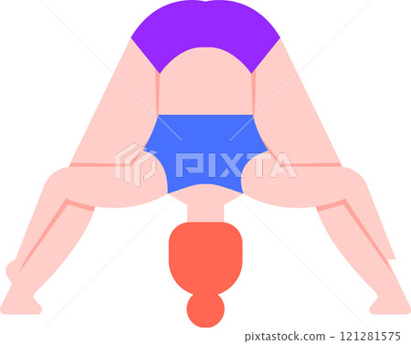 Redhead woman wearing blue and purple sportswear practicing yoga in a wide legged forward bend A frame pose, promoting flexibility, balance, and mindfulness Redhead woman wearing blue and purple sportswear practicing yoga in a wide legged forward bend A frame pose, promoting flexibility, balance, and mindfulness 121281575