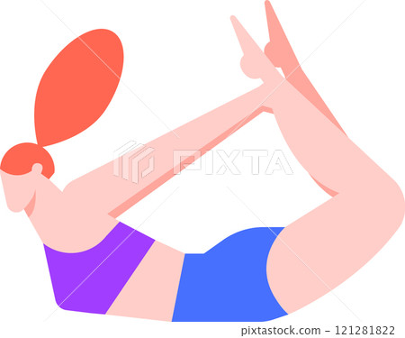 Young woman with red hair tied in ponytail practicing dhanurasana or bow pose yoga asana, stretching body and improving flexibility on white background 121281822