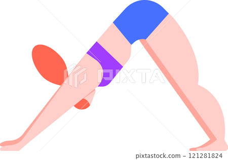 Young woman practicing yoga, performing the downward facing dog asana, a full body stretch that strengthens arms and legs, improves digestion, and relieves stress Young woman practicing yoga, performing the downward facing dog asana, a full body stretch that strengthens arms and legs, improves digestion, and relieves stress 121281824