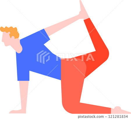 Young man practicing yoga, performing the One Legged King Pigeon Pose, a challenging backbend that opens the hips and chest, promoting flexibility and relaxation Young man practicing yoga, performing the One Legged King Pigeon Pose, a challenging backbend that opens the hips and chest, promoting flexibility and relaxation 121281834