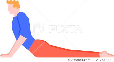 Young man with blond hair wearing a blue t shirt and orange pants practicing upward facing dog yoga pose on a white background, promoting healthy lifestyle and wellness 121281842