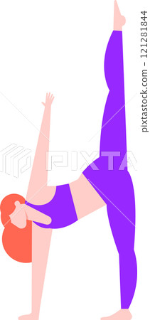Young woman practicing standing split yoga pose, balancing on one leg with arms and leg raised, stretching body and improving flexibility, promoting healthy lifestyle and wellness Young woman practicing standing split yoga pose, balancing on one leg with arms and leg raised, stretching body and improving flexibility, promoting healthy lifestyle and wellness 121281844