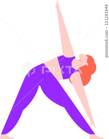 Young woman performing trikonasana yoga posture stretching body and improving balance, promoting healthy lifestyle and wellness on white background 121281849
