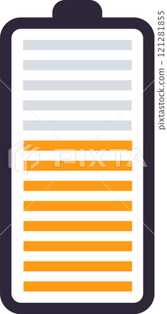 Half charged battery icon is depicted with orange representing the current charge and gray indicating the remaining capacity, symbolizing a moderate power level Half charged battery icon is depicted with orange representing the current charge and gray indicating the remaining capacity, symbolizing a moderate power level 121281855