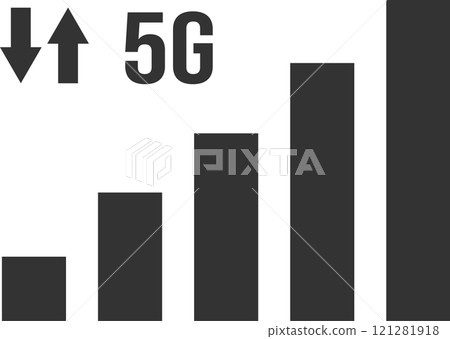 Increasing bar graph illustrating 5G network speed, featuring upload and download arrows against a clean white background, symbolizing advancements in mobile connectivity and technology 121281918