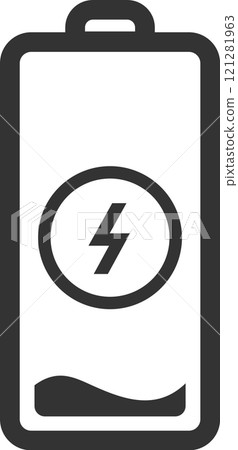 Minimalist vector illustration of a charging battery with low power status, featuring a lightning bolt symbol within the battery icon, representing the concept of energy replenishment Minimalist vector illustration of a charging battery with low power status, featuring a lightning bolt symbol within the battery icon, representing the concept of energy replenishment 121281963