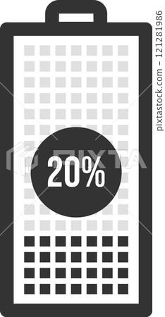 Minimalist vector illustration featuring a battery icon displaying a 20 percent charge level, representing low power and highlighting the urgent need for recharging electronic devices 121281986