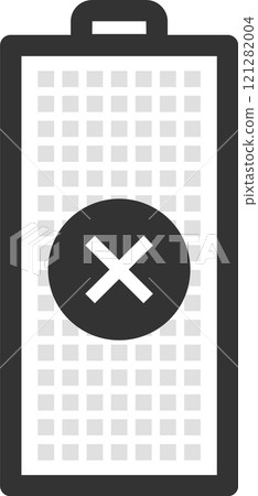 Empty battery icon with a cross sign, symbolizing low power or no charge, against a checkered background, emphasizing the need for charging or replacement 121282004